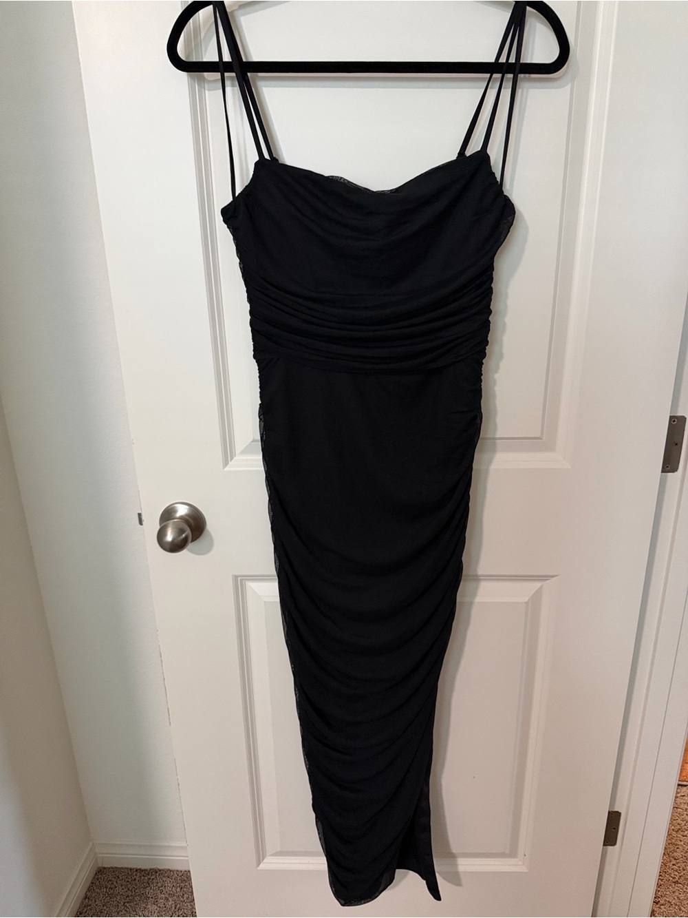 Express Black Ruched Maxi Dress with Double Spaghetti Straps